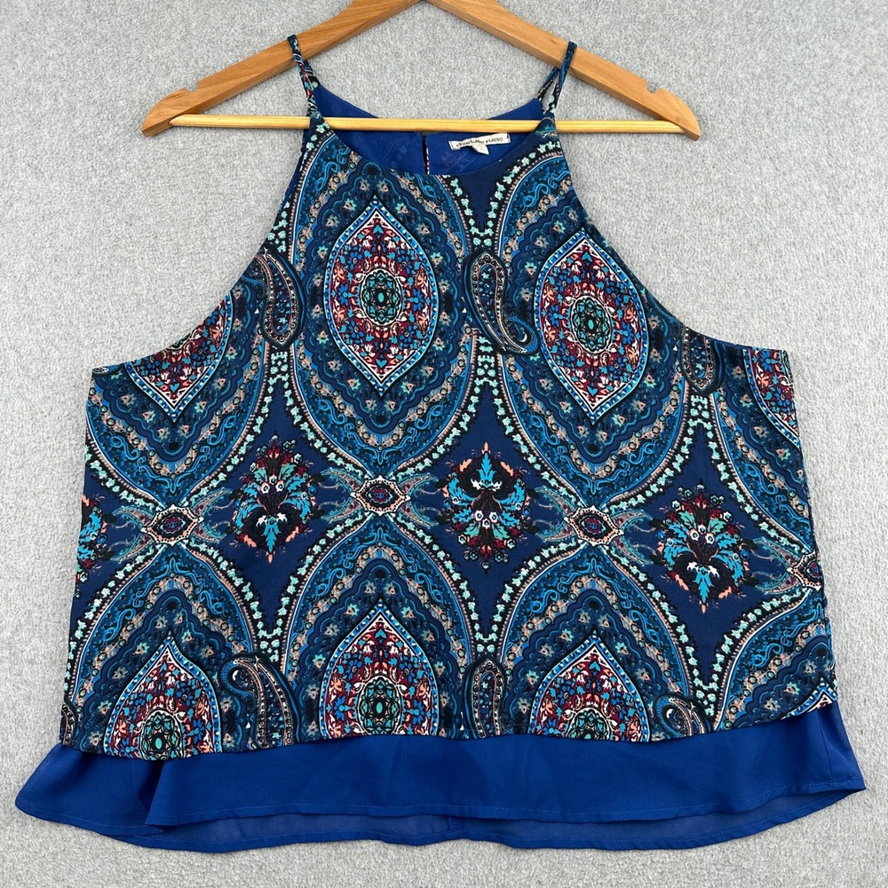 Charlotte Russe Tank Top Womens XL Blue Paisley Halter Layered Chiffon Hem